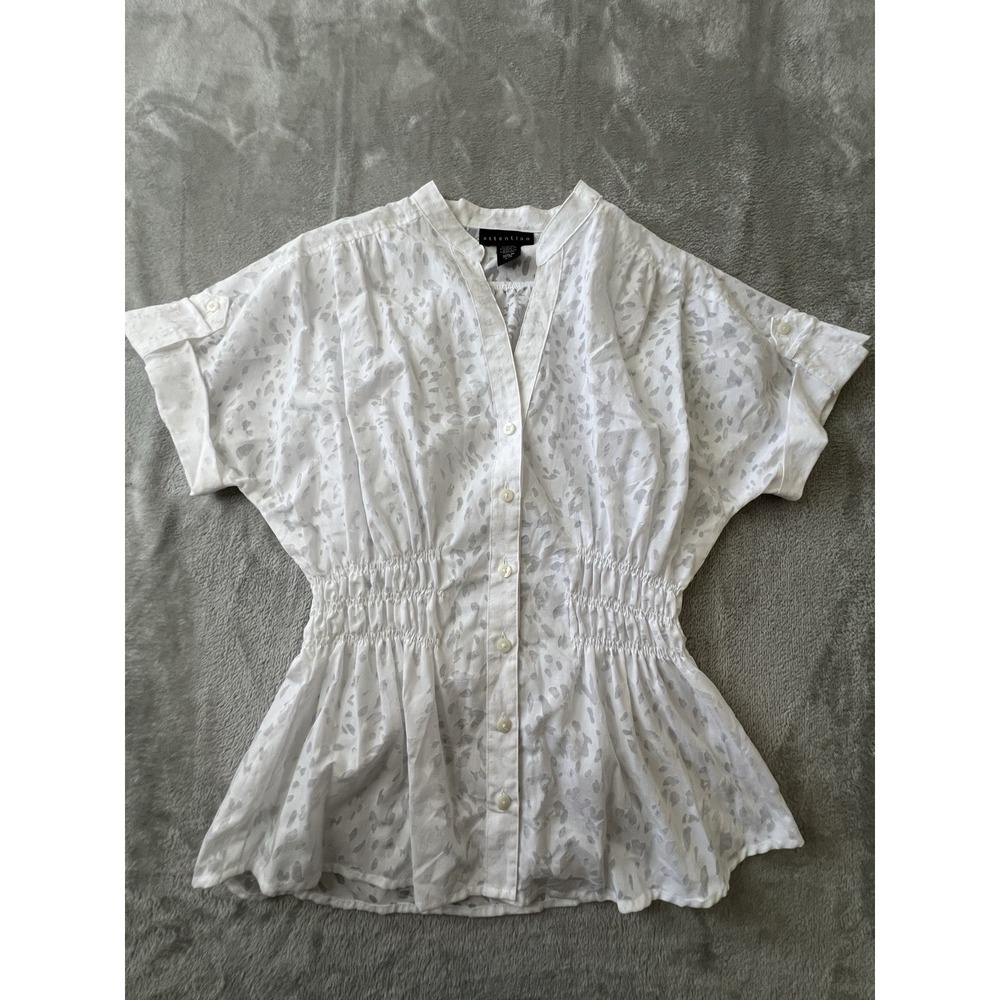 Attention Womens Blouse L White Print Button Front Short Sleeve Top